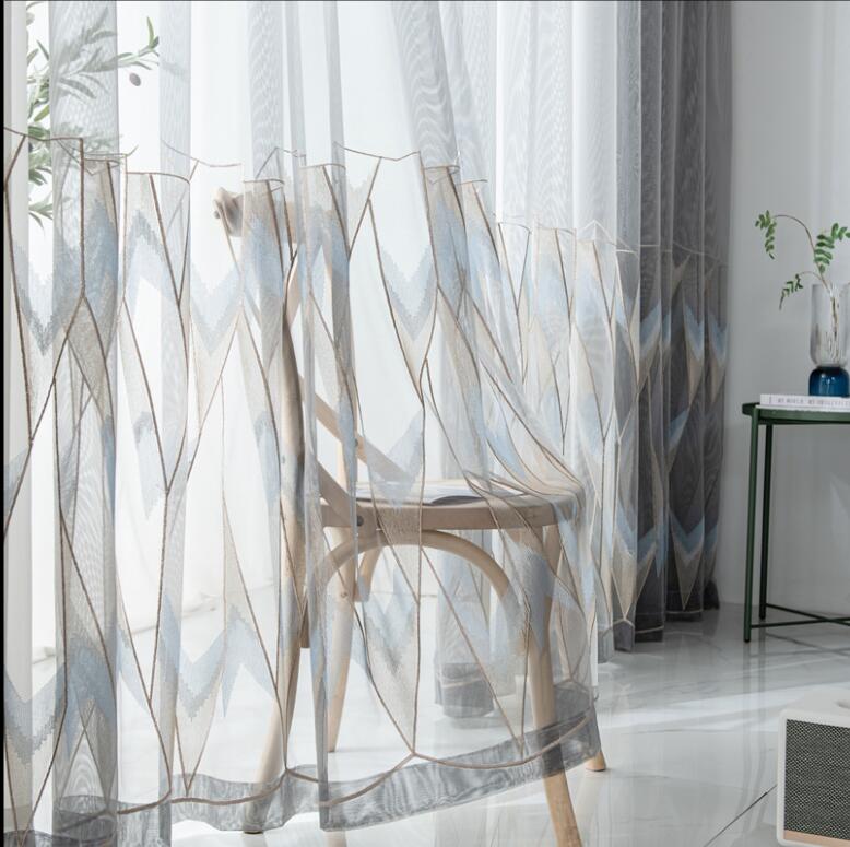 Sheer Curtains Grey geometric embroidered window curtain Nordic style simple modern living room study bedroom finishedTreatments-image-565538921