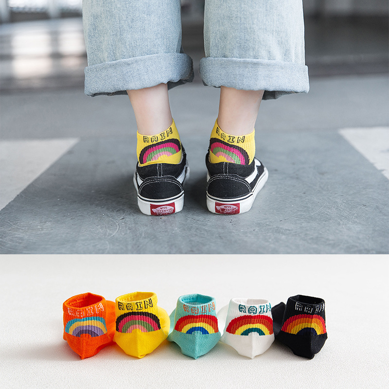 

5 Pairs Women Socks Korean Style Fashion Printed Cotton Material Breathable All-match Jacquard Cute Spring Summer Short Socks, Rainbow