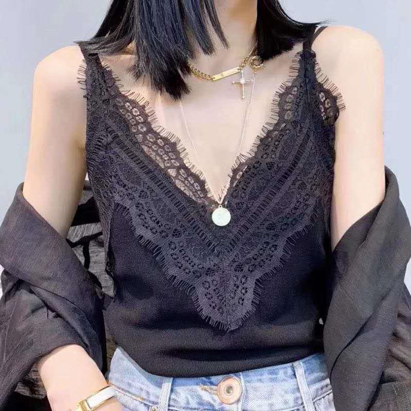 

Fashion Women Lace Suspenders Feminine Tanks & Camis Stretch Patchwork Knit V-Neck Sexy Solid Color Top  New Arrival HOT