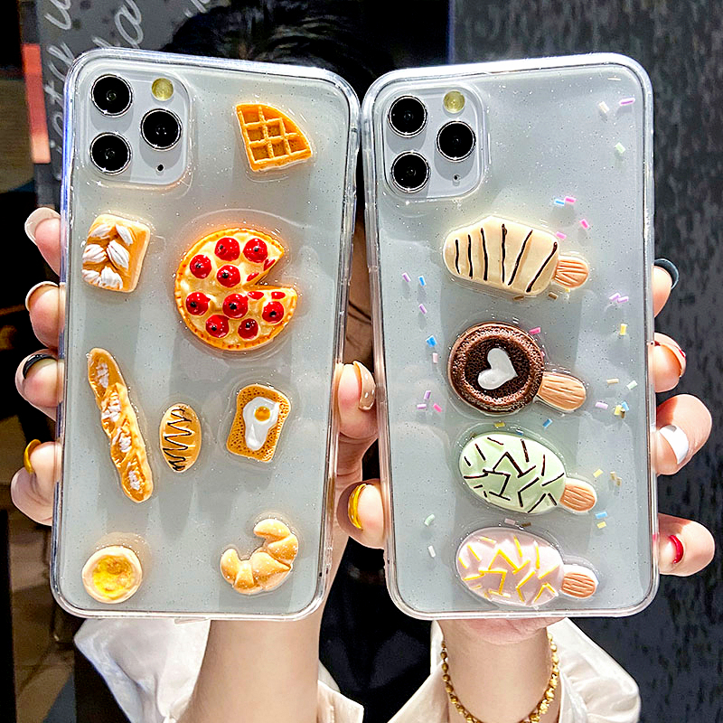 3D Cute Clear Food Pizza Bread Ice Cream Phone Case For iPhone 11Pro Case For SE XR XS MAX 7 8 6 Plus Transparent Soft Glitter Cover-image-571031602