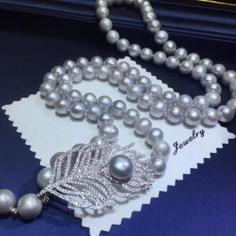 

D329 Pearl Necklace Fine Jewelry Natural Fresh Water 9-10mm Round Gray Pearls Female's Necklaces