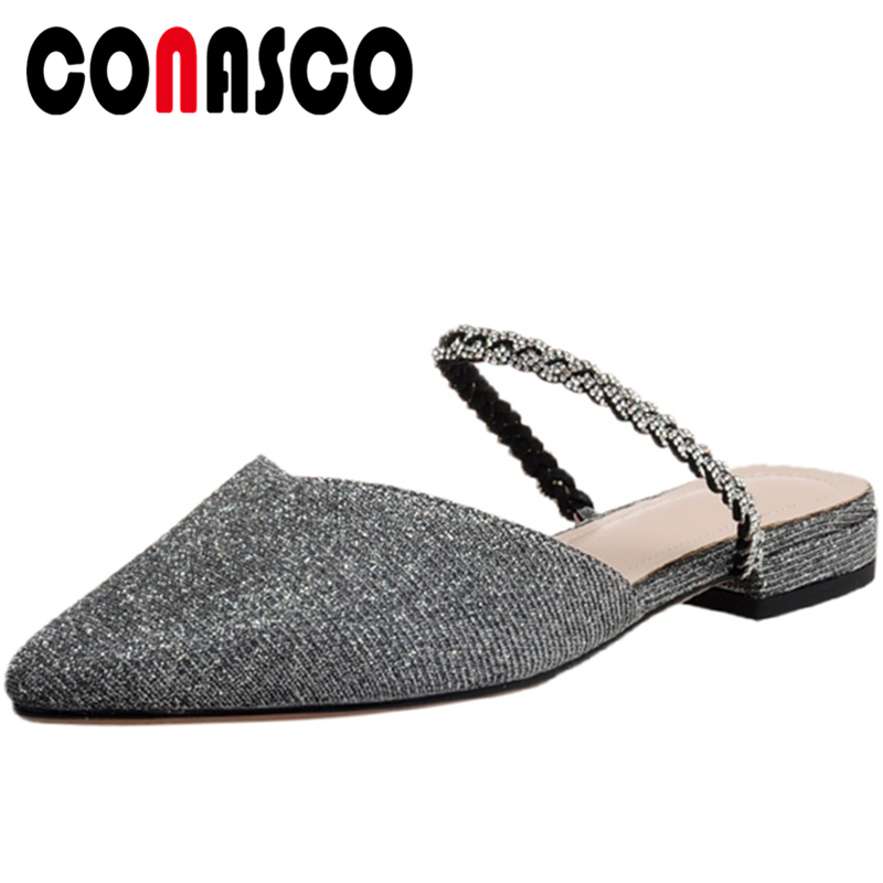 

CONASCO Fashion Concise Women Sandals Rhinestone Low Heels Slippers Casual Shoes Woman Elegant Pointed Toe Blingbling Mules New, Silver