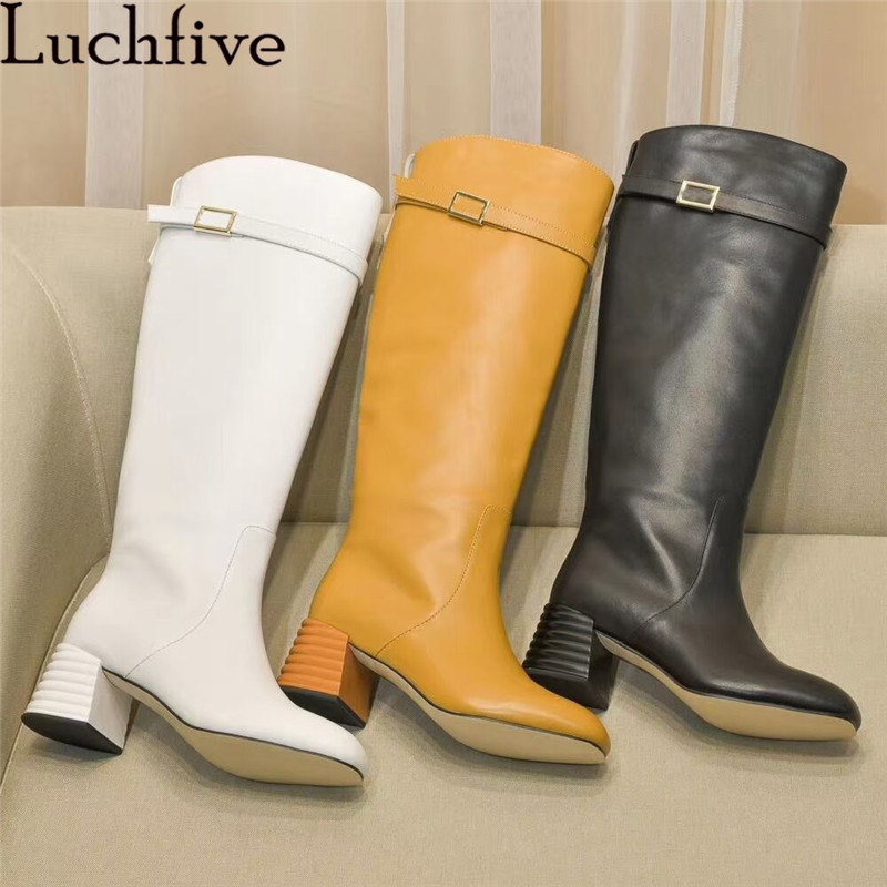 

Woman Knee High Boots Round toe Chunky high heel Long boots Belt Buckle Design Winter New Real Leather Woman, Black