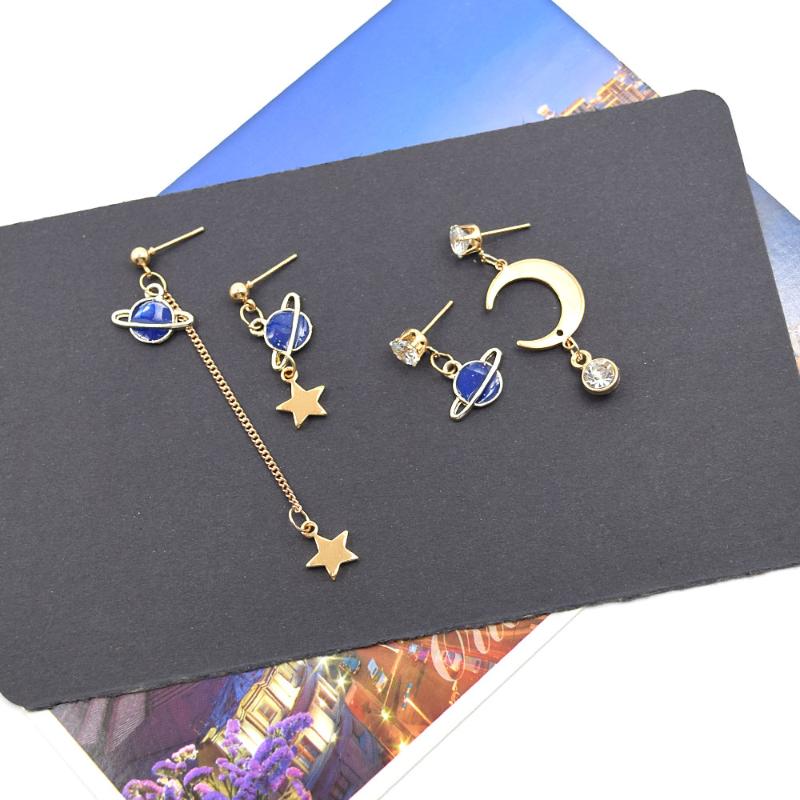 Asimétrico Planeta Azul Pendientes Stud Cilp oro Moon Star Cuelgan Joyería Regalo