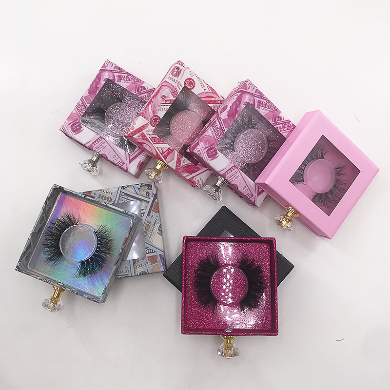 Empty Square Lash Packaging Pink Dollars Box Glitter Holographic Box for 25mm Long Dramatic Mink Lashes-image-590110390