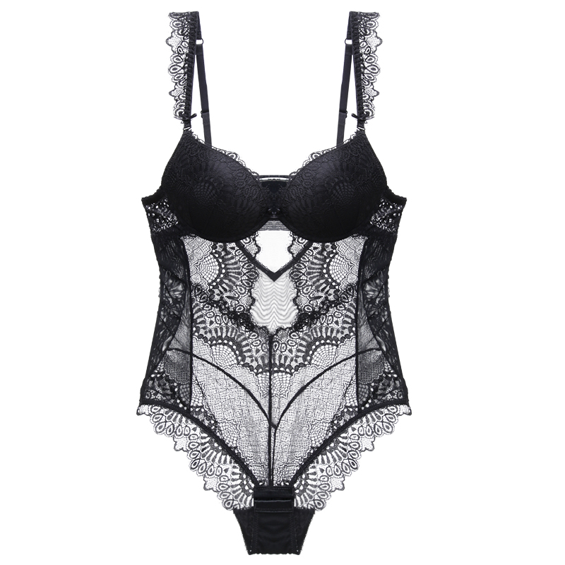 

Bodysuit Women Lace Ruffles Straps Padded bra Underwire Lingere femme Push Up Queen Bottom Closure Cotton Crotch, Black