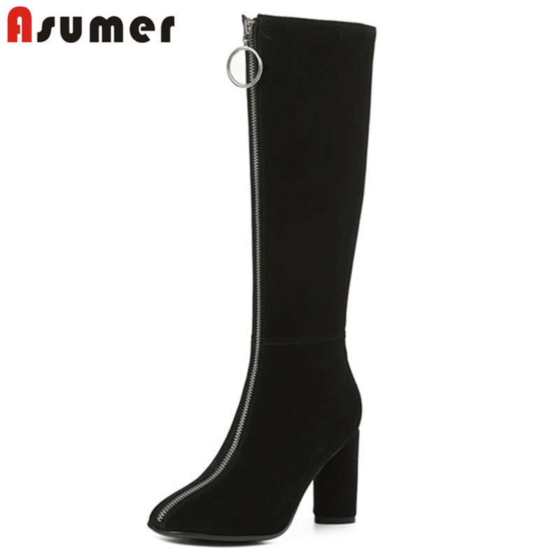 

ASUMER 2020 new arrival knee high boots women genuine leather high heels shoes ladies zipper fashion long boots female black, White
