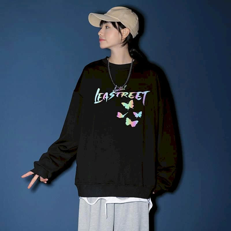 

Loose casual sweatshirt new 2020 autumn and winter salt style jacket men and women butterfly reflective couple wear autumn trend, Black round neck