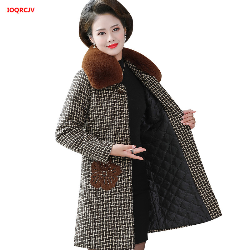 

Women's Woolen Coats Winter Fashion Fur Collar Plus Cotton Parkas Jacket Middle-aged Mother Plaid Wool Coat Plus Size 4XL W1728, Black