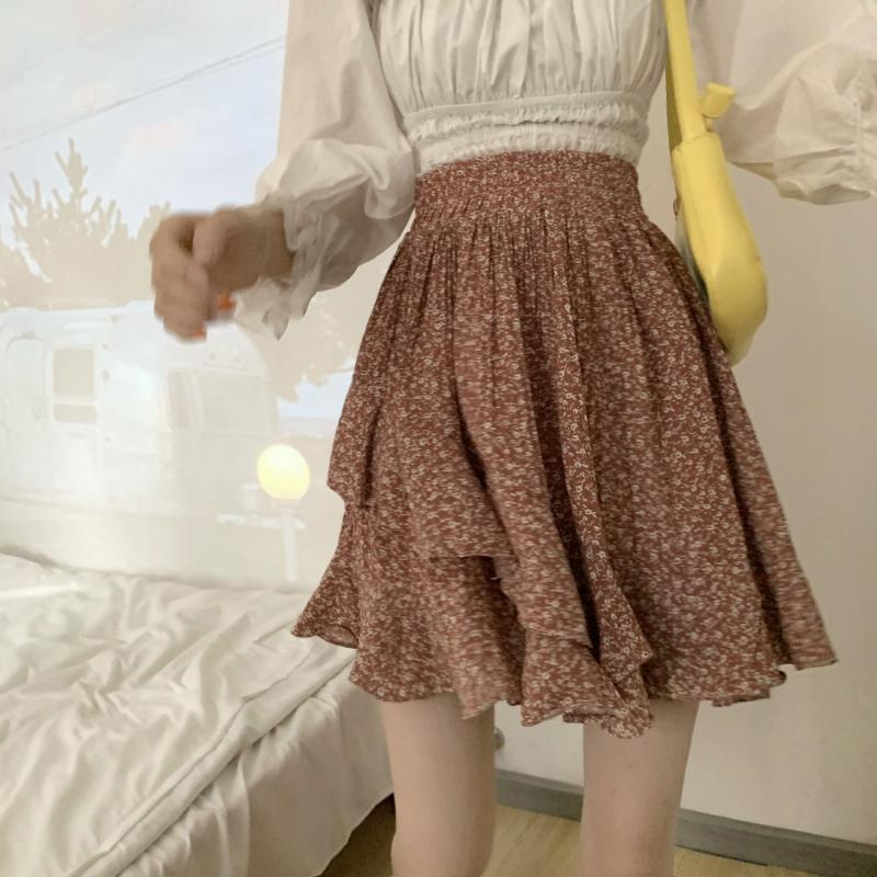 

Floral Print Boho Sexy Mini Skirt Multilayer Women Bandage Fashion High Waist Frills Short Skirt For Woman Rural Pleated Skirts, Black