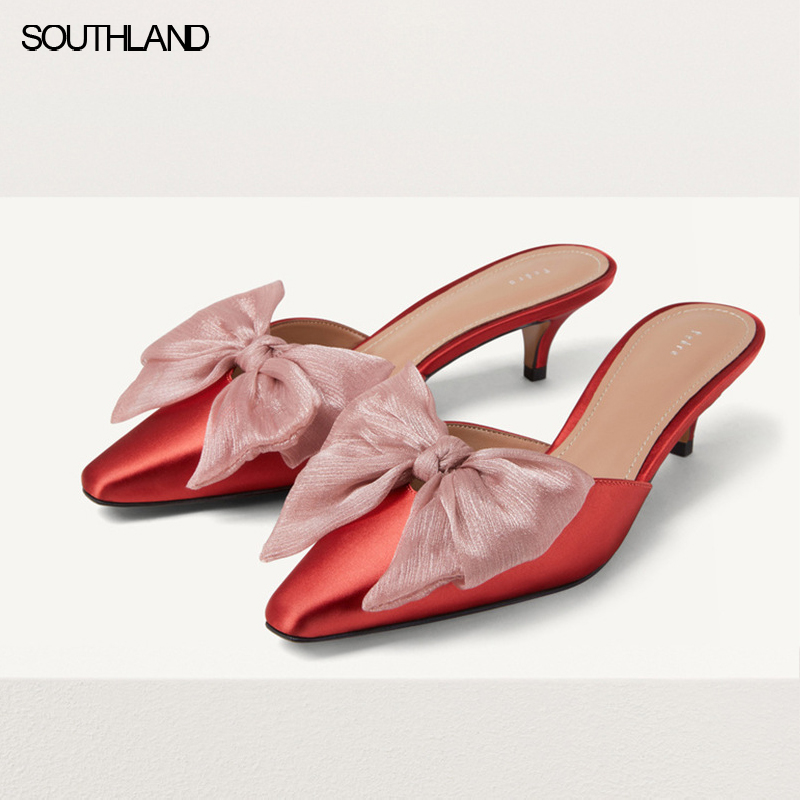 

SOUTHLAND Summer New Sandal Lady With Bow Decoration Kitten Women Mules Shoes Slippers Sandals Fow Women, Beige
