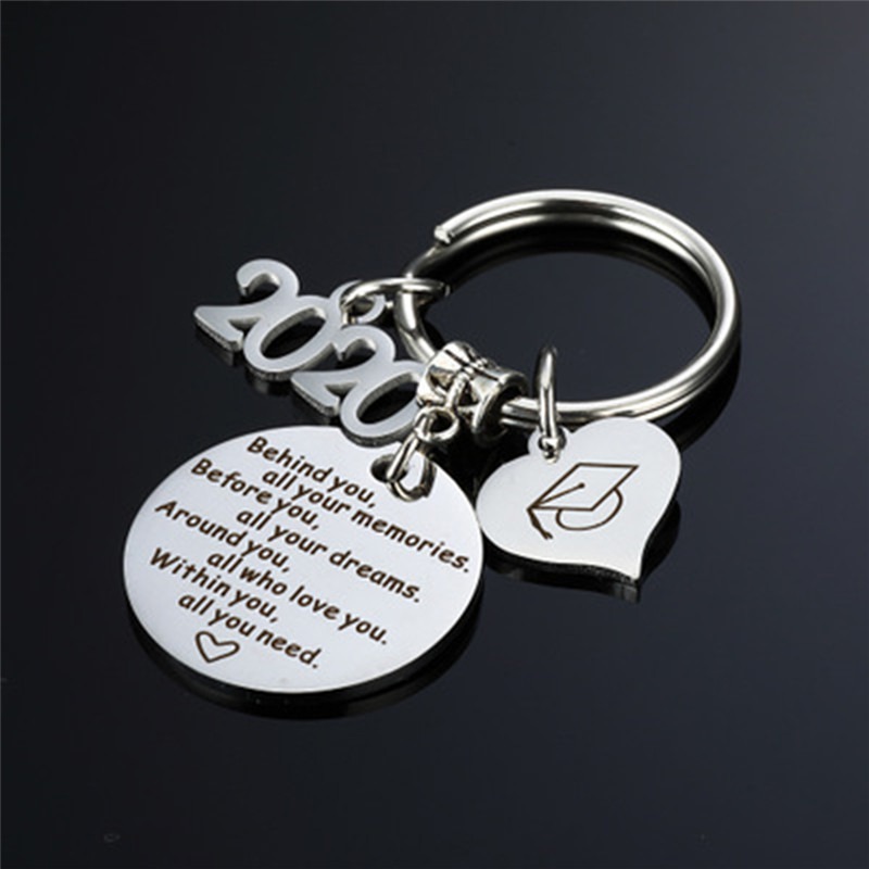 

2020 New Keychain Graduation Season Gift Trendy Stainless Steel Women Accessories Letter Printing Key Holder Heart Pendant