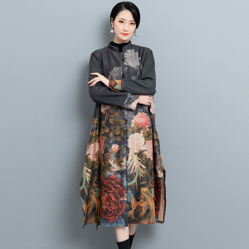 

Women Autumn Winter Vintage Coat Printing Embroidery Cardigan Long Chinese National Style Outerwear, Black