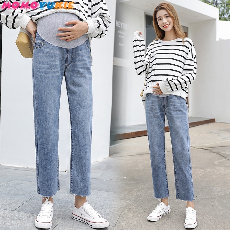 

Vintgae Washed Denim Maternity Jeans for Pregnant Women Clothes Elastic Waist Belly Loose Pants Pregnancy Clothing Plus size, As pic