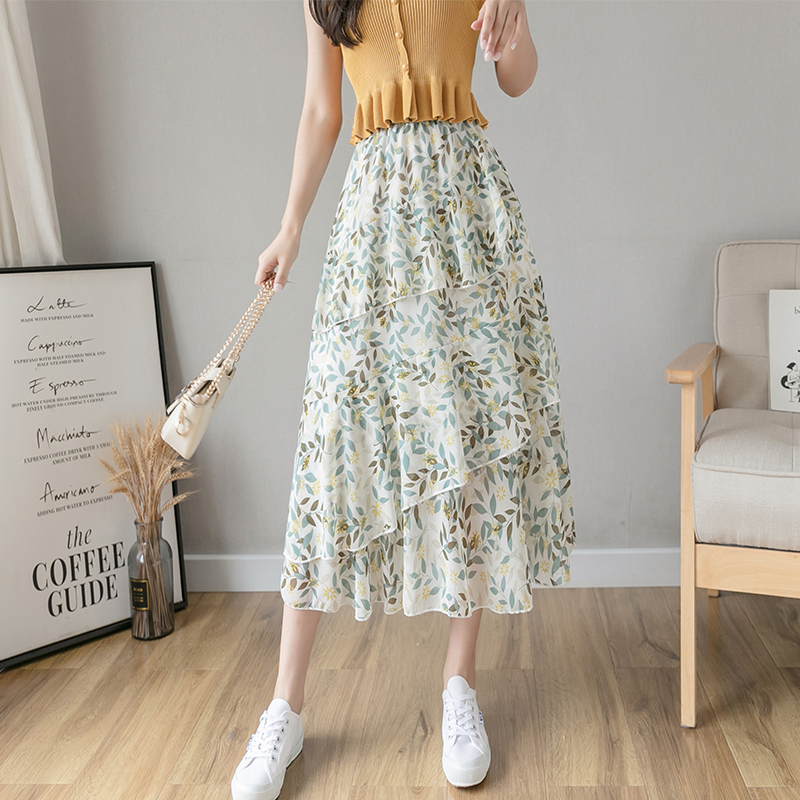 

Blackday Long Skirt Womens Skirts Clothing 2020 Spring Summer Red floral High Waist Elastic Harajuku Vintage Streetwear Loose Chiffon