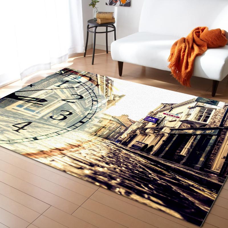 

Clock Retro Street Pattern Carpets for Living Room Bedroom Area Rug Kids Room Play Mat 3D Printed Home Large Carpet, As pic