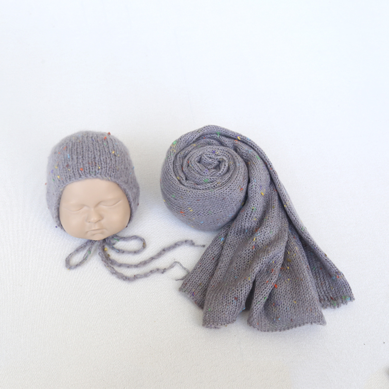 

Grey Hand Knit Newborn colourful Dots Wrap Vintage Baby Bonnet Wrap For Photo Shoot Infant Cap Baby Fabric Blanket, As photo