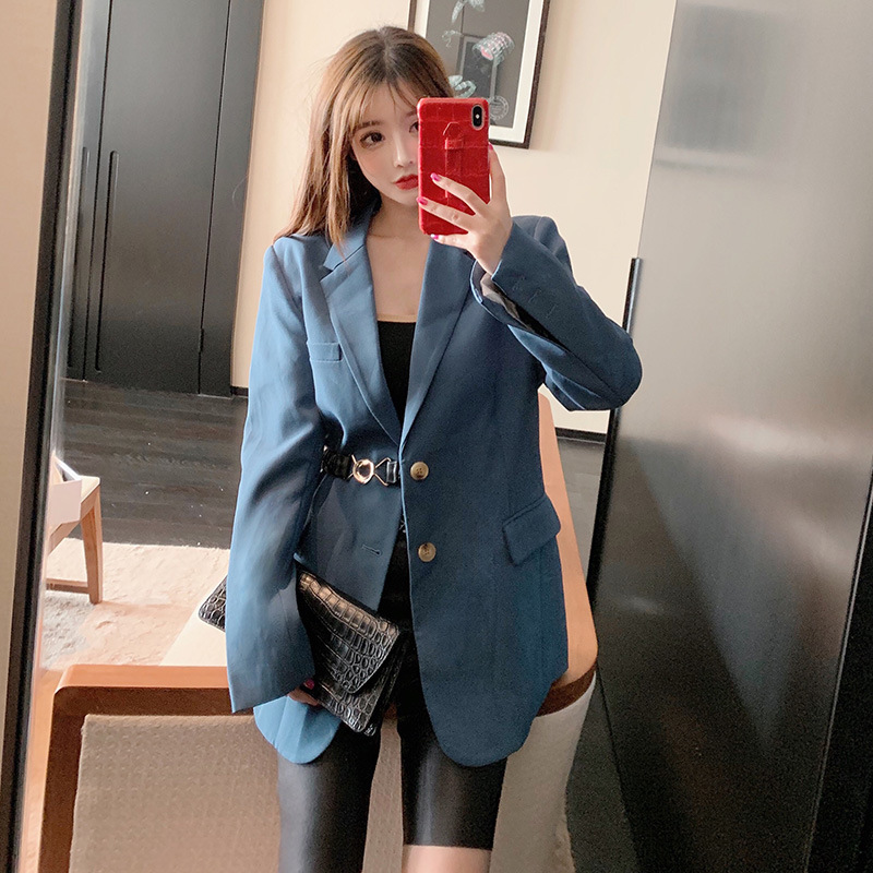 

Women Blazers Autumn New Lapel Single-Breasted Small Suit Jacket Women' Korean Version of Fashion Casual Suit Women, Blue