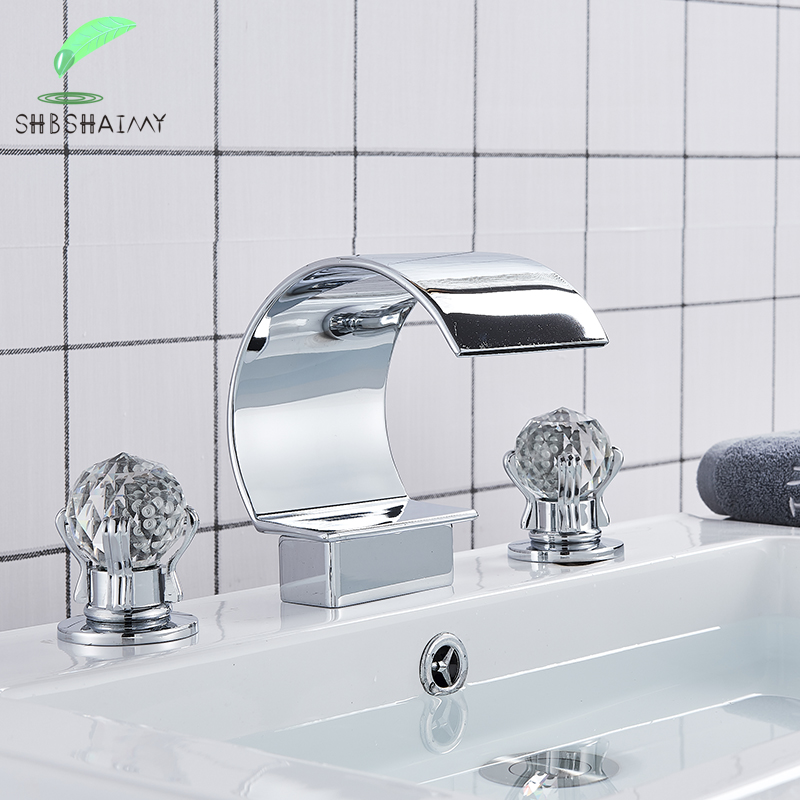 

SHBSHAIMY Golden Waterfall Bathroom Basin Faucet Deck Mounted Cold Hot Water Mixer Single Hole Water Tap 3 Holes Washing Tap