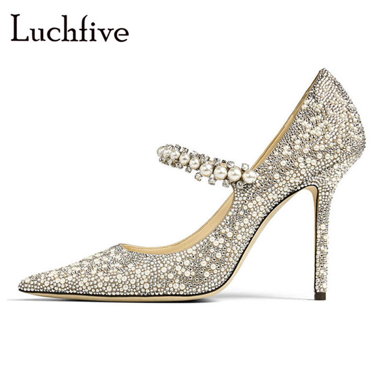 

Luxury silver wedding shoes stiletto pointed toe beading pearl embellished high heel maryjanes designer bridal pumps shoes women