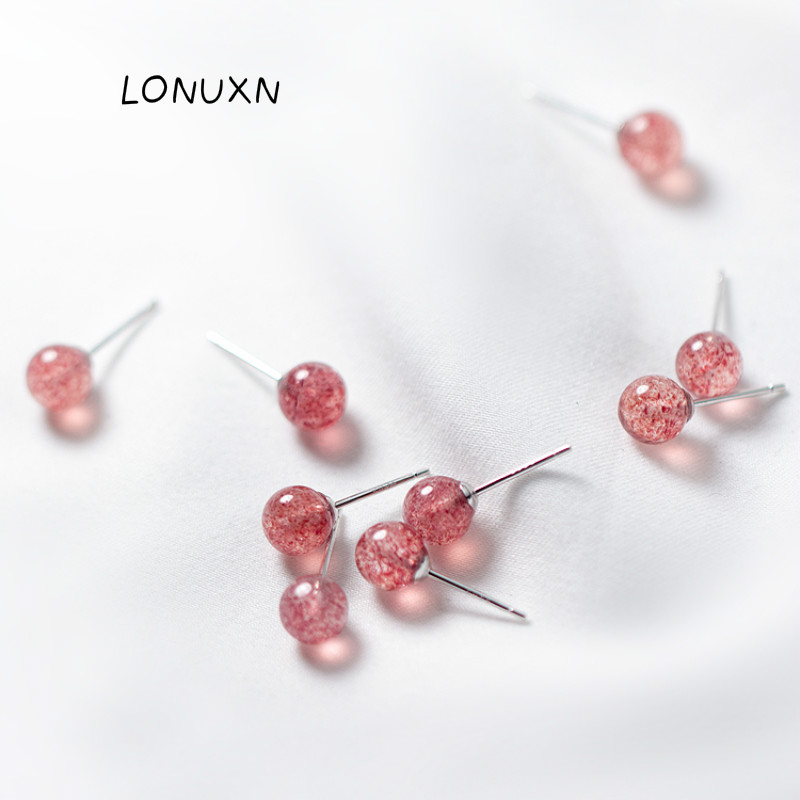 

high quality All-match s925 silver earrings Natural strawberry crystals Women Stud Girls Exquisite gift Pink jewelry accessories