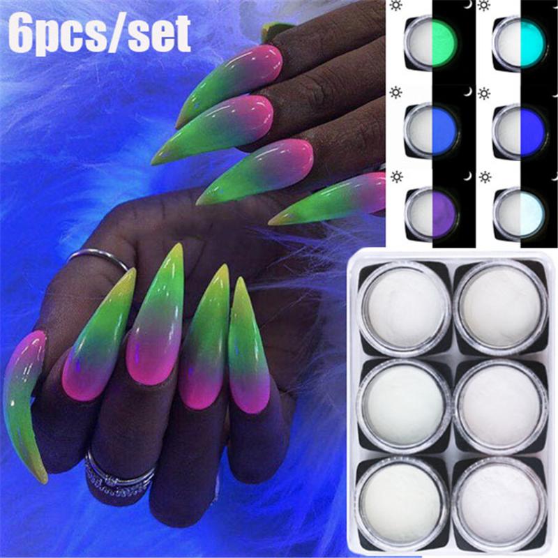 

6Pcs/set UV Gel Nail Art Glow Pigment Dipping Powder Luminous Nail Decorations Fluorescent Glitter Dust Dip Polish Powder