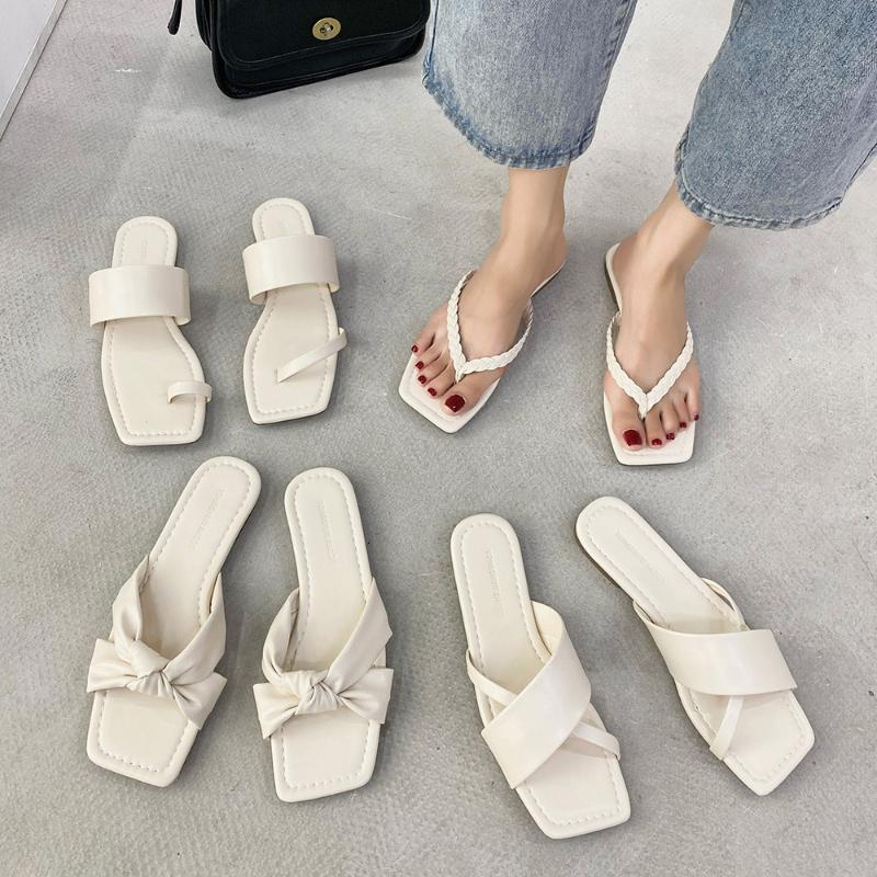 

Womens Sandals Light Roman Slippers Summer PU Leather Quality Flip Flops for Women Retro Bow Open Toe Lady Casual Slippers, Taozhi