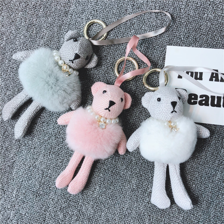 

Fluffy Plush Cute Bear Keyring Keychain Rex Fur Skirt Keychains for Women Romantic Lover Valentine's Day Gift Key Pendant