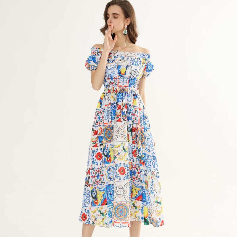 

Women' Runway Dresses Slash Neckline Short Sleeves Sexy Off the Shoulder Printed Elastic Waist Fashion High Street Dresses, Blue