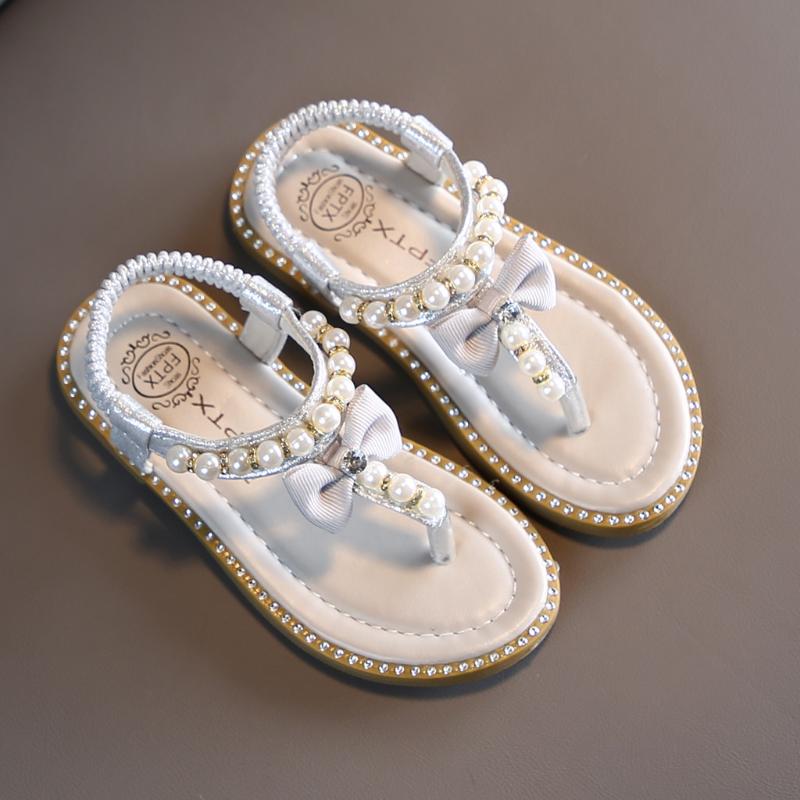 

Girls rhinestone pearl bow princess shoes exquisite summer comfortable beach shoes sandals Boeknot pearl crystal princess S4, As photo