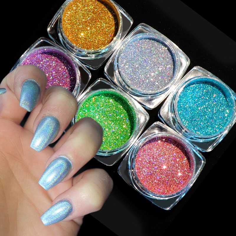 

6 Colors/set Holographic Nails Powder Laser Gold Silver Glitter Chrome Dip Powder Shimmer Gel Polish Flakes Manicure Pigment