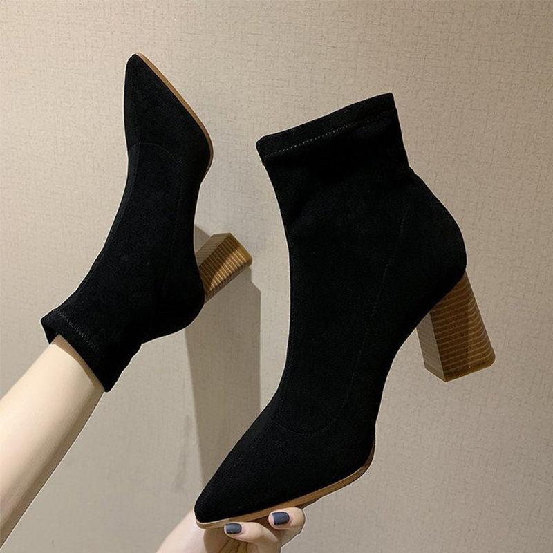 

Women's Calf-high Boots Woman Winter Shoes Women Flock Square High Heels Pointed Toe Slip On Warm Shoe Female Elegant Ladies New, Black
