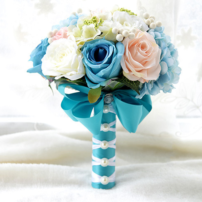 

REDJCK European Style Wedding Bride Bouquets Silk Rose Artificial Flowers Upscale Bridesmaid Bride Holding Flower Bouquet, Sky blue