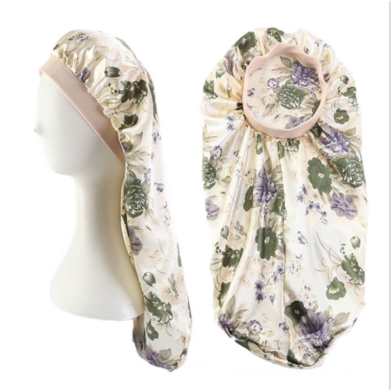 

Women Extra Long Satin Bonnet Sleep Cap Colorful Floral Elastic Band Night Hat, Bg