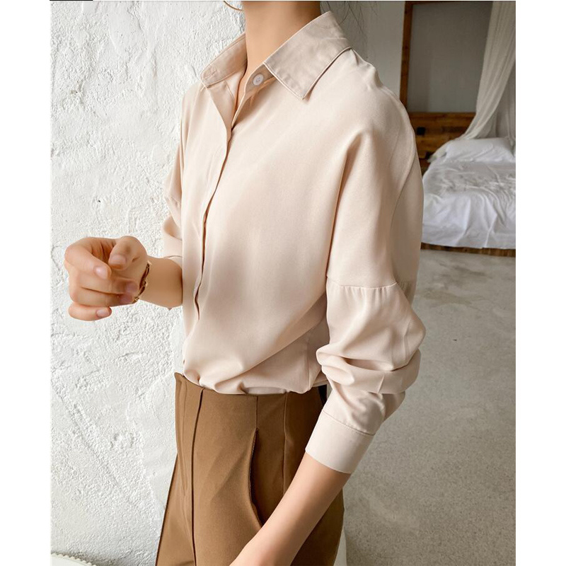 

New 2020 Summer Women's Blouse Solid Multi Colors Lapel Single-breasted Elegant Casual Oversize Wild Pink Tops CL512, Beige