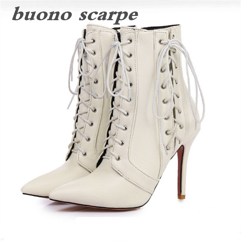 

Female pointed front cross straps boots stiletto high boots short women soft face, White
