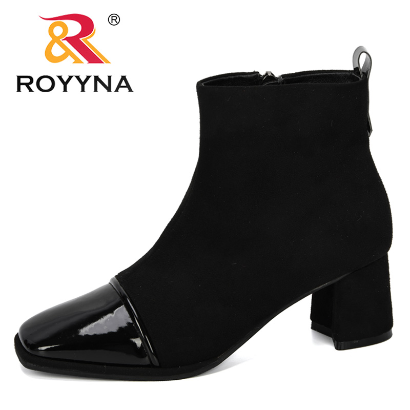 

ROYYNA 2020 New Designer Fashion Style Womens Ankle Boots Flock Shoes For Autumn High Heel Square Toe Working Shoes Feminimo, Black