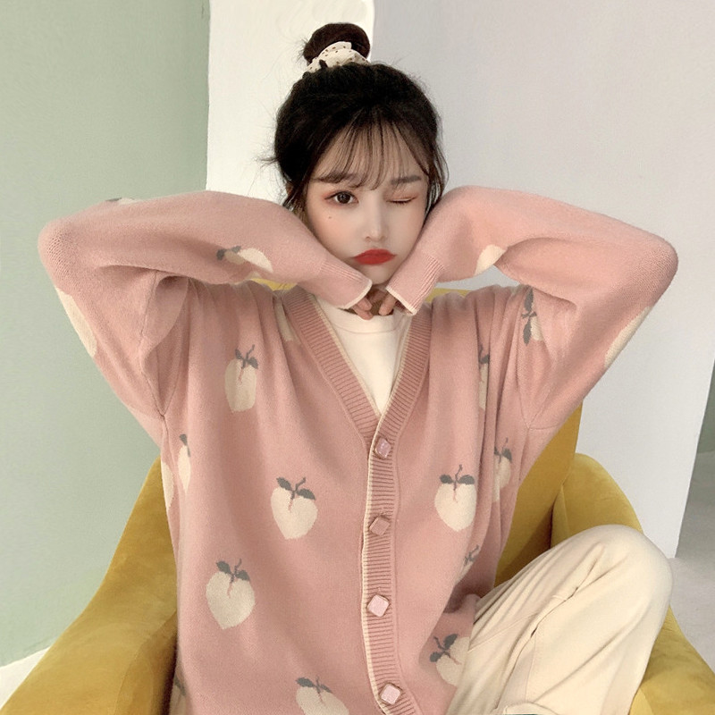 

Women Sweater Peach Pattern Loose Sweet Knit Sweaters V-Neck Long Sleeve Single-breasted Cardigans Casual Fashion Sweater Coat, Pink