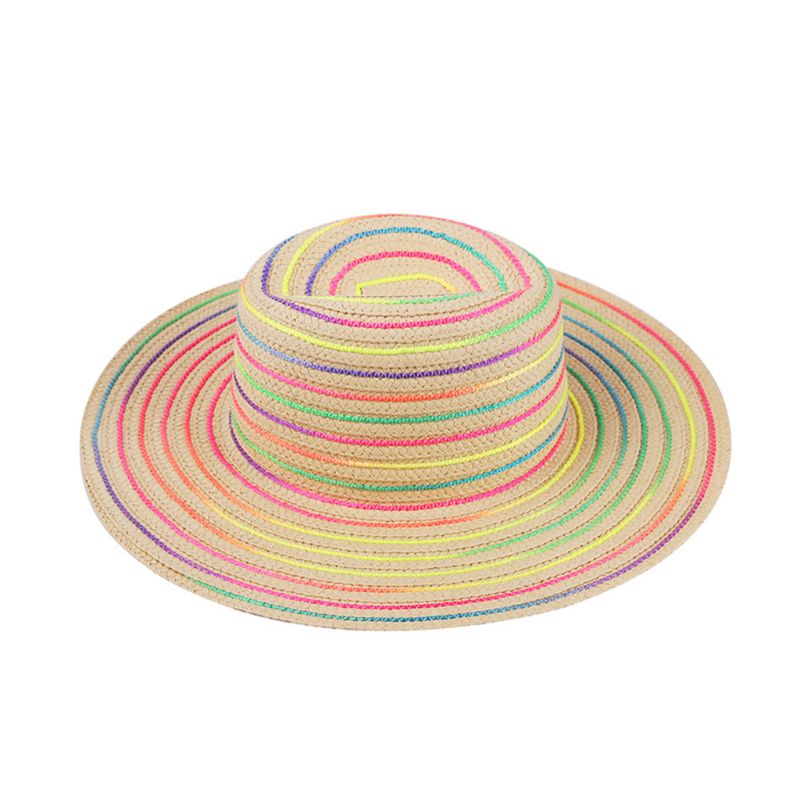 

Female Summer Weave Braided Floppy Sun Hat Bohemain Neon Rainbow Colorful Striped Large Wide Brim Vacation Beach Cap