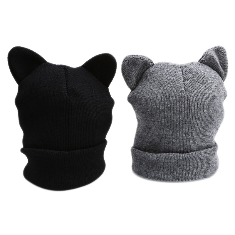 

Fashion Cat Ears Knitted Hat Lovely Funny Winter Warm Beanie Hat For Women Wool Cap Gray Black