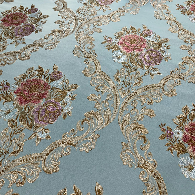 

Hinyeatex Classical Fashion Light Lake blue Damask Metallic Flower Garments Sofa Armchair Home Upholstery Fabric 280cm width sell by meter