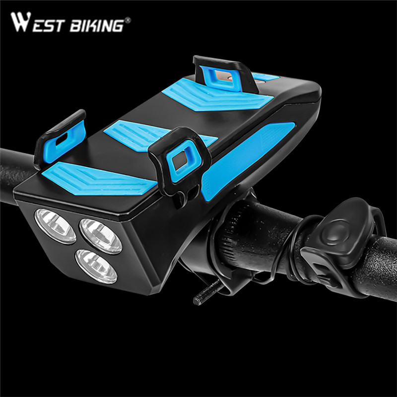 

WEST BIKING 4 In 1 Front Light Multi-function LED Alarm Bell Bike Accessories Phone Holder Power Bank Horn Bike Lamp