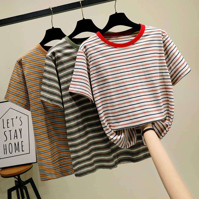 

100% Cotton Striped T Shirt for Women Harajuku Tshirt Summer Short Sleeve Korean Punk T-shirt camiseta feminina L0335, Green