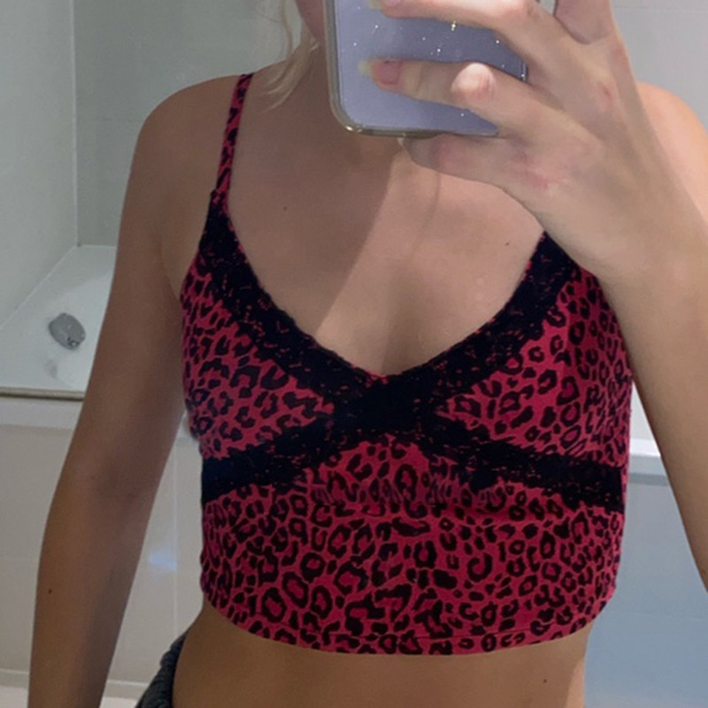 

Summer Girls Sexy V-neck Camisole Ladies Leopard Print Lace Splicing Backless Midriff-baring Top for Dating Shopping, Blue