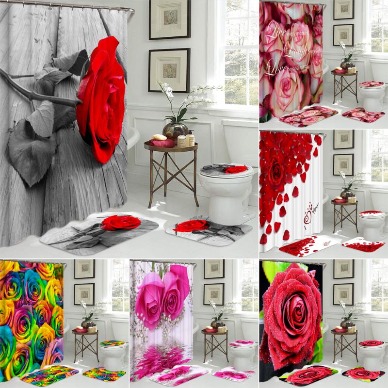 

High Quality Polyester Shower Curtain Colorful Roses Bathroom Curtains Sets Anti Slip Pedestal Rug Lid Toilet Cover Bath Mat Set