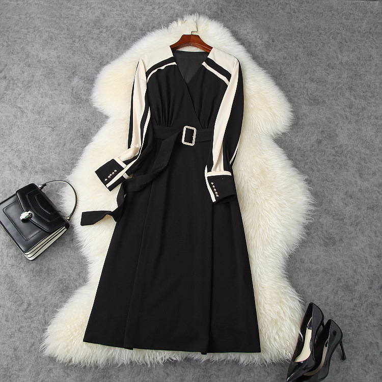 European and American women's clothing 2020 winter new style Long sleeves V neck contrast color lace-up Fashionable dress-image-580229007