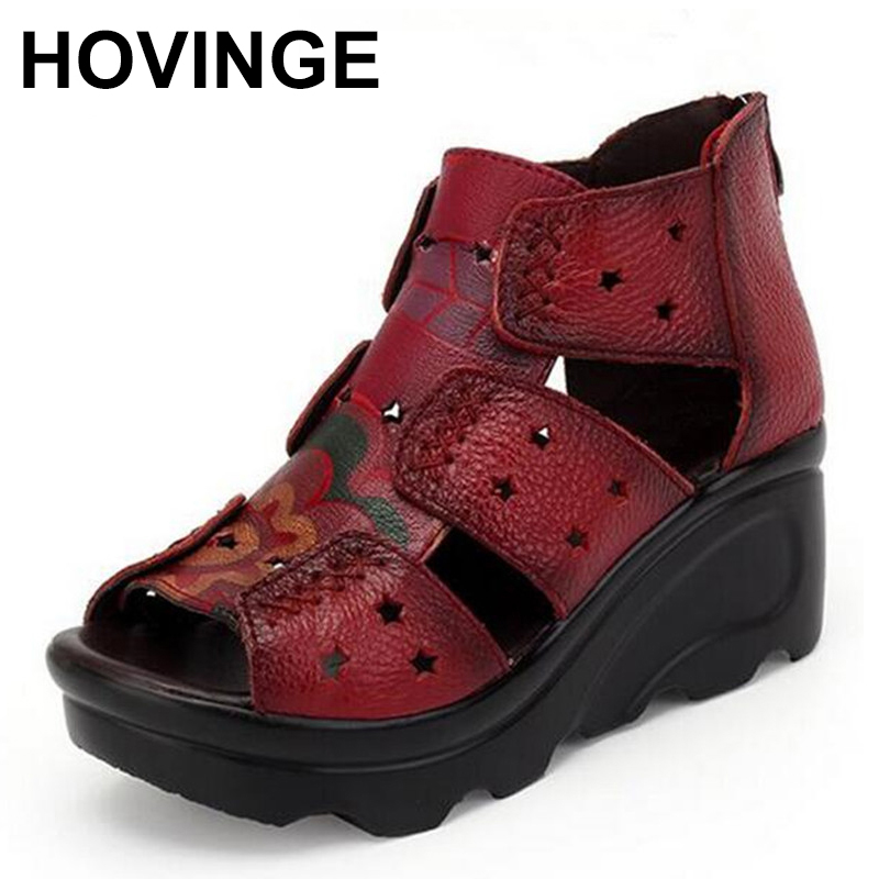 

HOVINGEBrand Shoes Cow Leather Sandals 2020 New Summer Wegdes Shoes Woman Fashion Sandals Elegant Comfort Women, Black