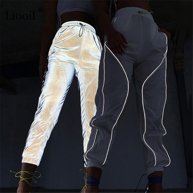 

Liooil Reflective Striped High Waist Sweat Pants With Pockets Streetwear Casual Loose White Womens Trousers Joggers Sweatpants