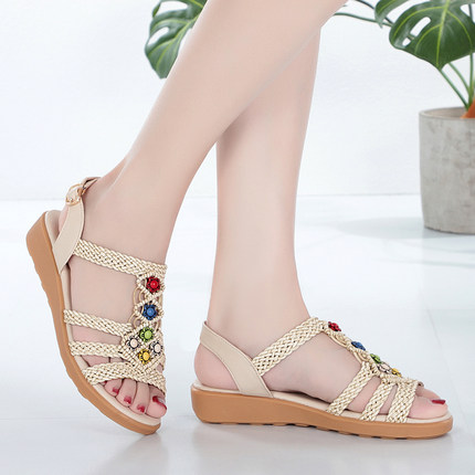 

2020 summer new bohemian flat sandals women flat heel soft bottom woven beach shoes plus size sandals, Beige