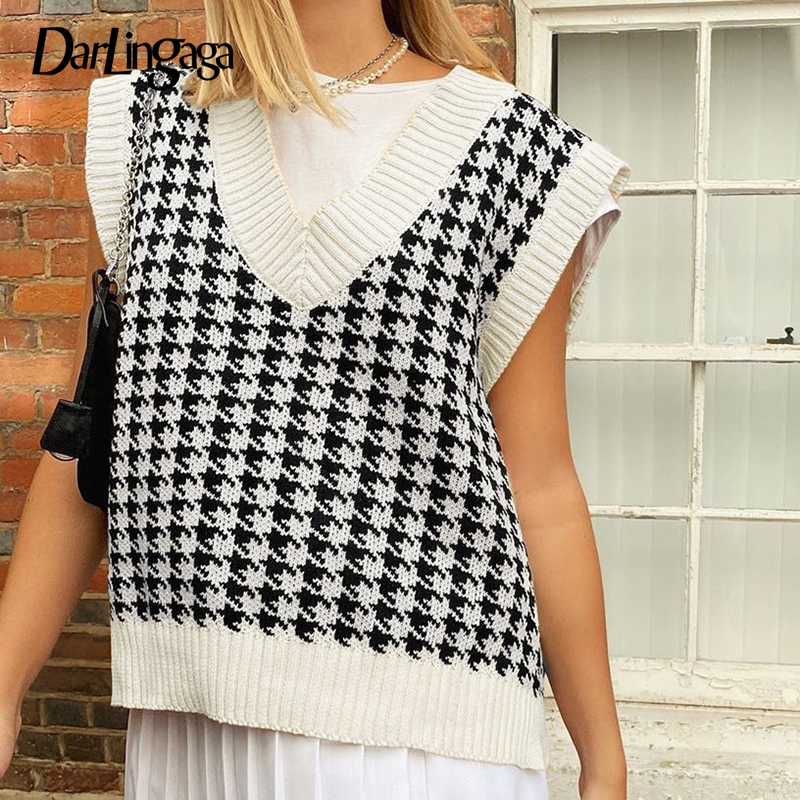 

Darlingaga Streetwear V Neck Houndstooth Knitted Sweater Vest Sleeveless Vintage Pullovers Autumn Women' Sweaters 2020 Jumpers